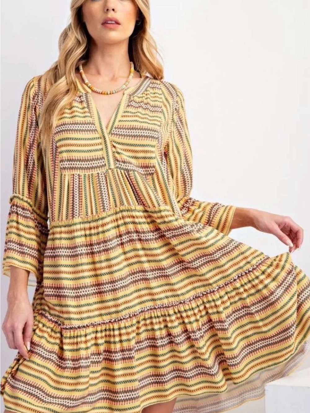 Plus Size Boho Tiered V-Neck Dress in Yellow Stripes with pockets - Picture 3 of 5